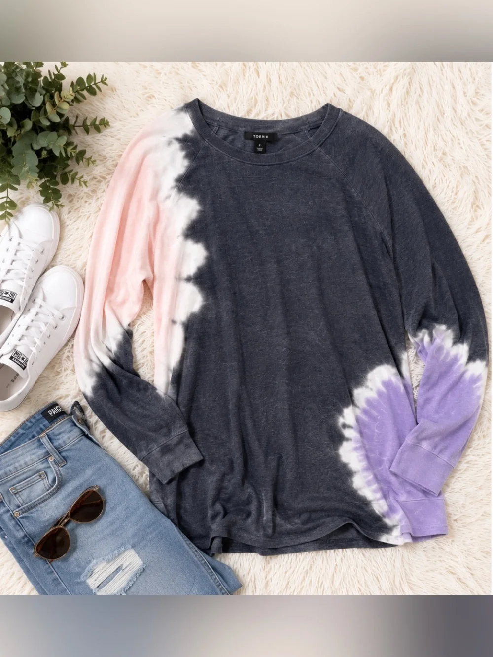 Torrid Size 2 Cozy Fleece Tie Dye Tunic Sweatshirt Gray Pink Purple Plus